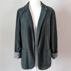 Skies Are Blue Dark Green Open Front Blazer Size Medium 3/4 Sleeve Striped Cuffs